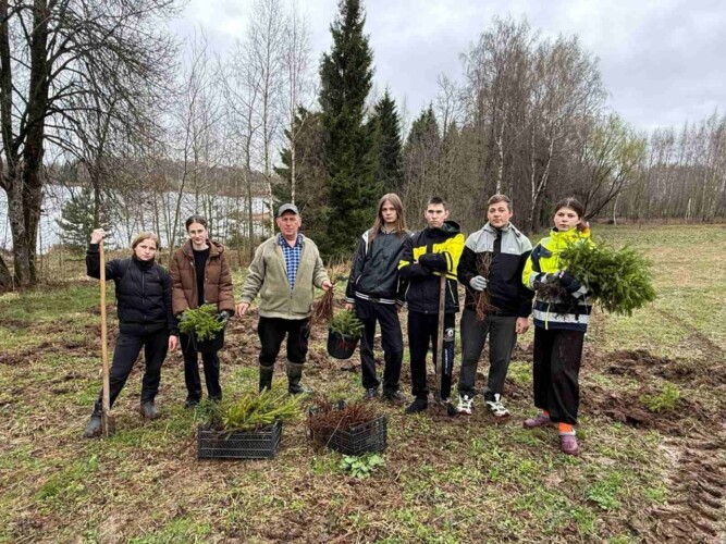 Учащиеся Горской СШ с работниками сельисполкома ведут посадку леса в деревне Запрудье